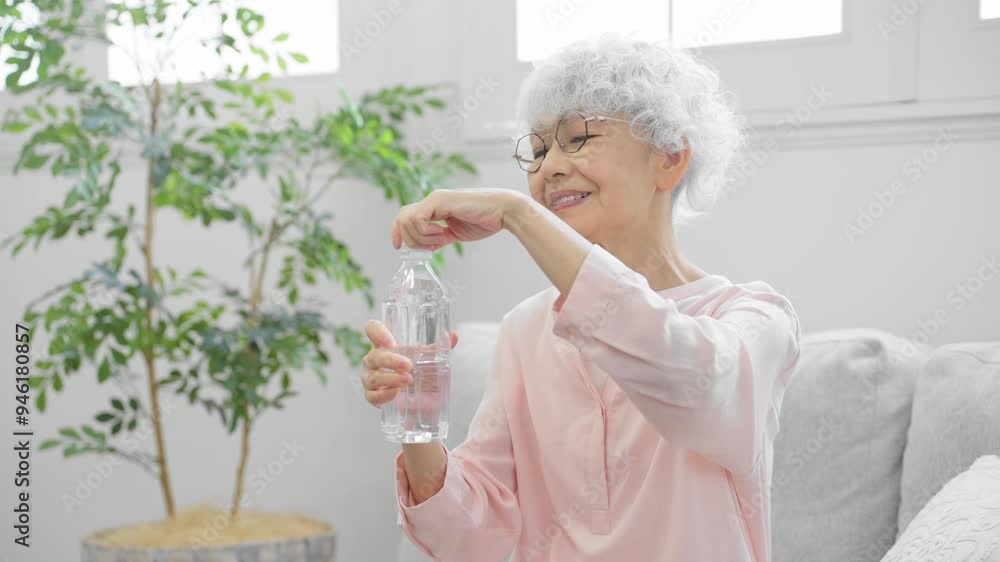 ペットボトルの水を飲むシニア女性
ペットボトルの水を飲むシニア女性