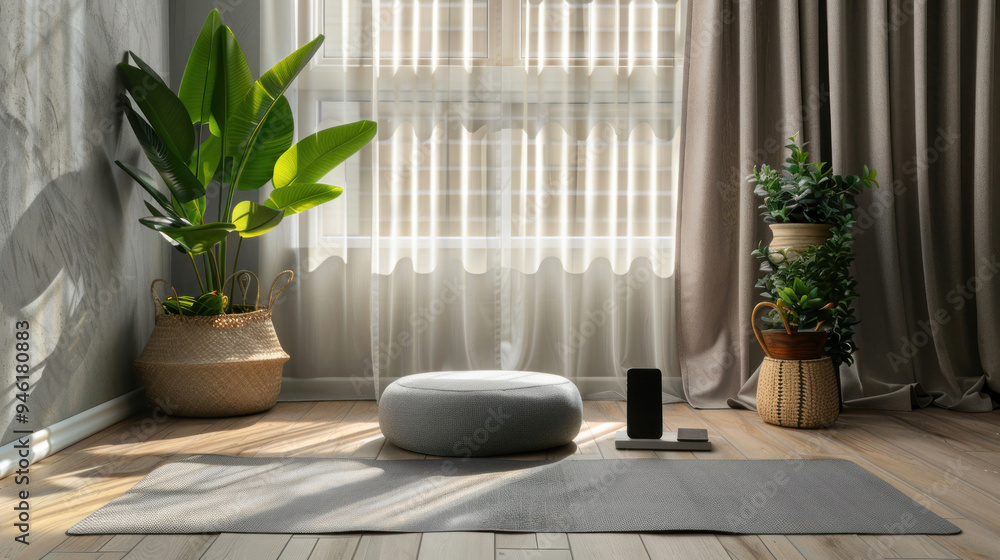 A mindfulness setup with a yoga mat, a meditation cushion, and a phone turned off to the side, promoting a social media detox through mental and physical relaxation A mindfulness setup with a yoga mat, a meditation cushion, and a phone turned off to the side, promoting a social media detox through mental and physical relaxation