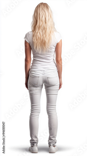 young blonde woman with long blonde hair standing backwards dressed entirely in white, full lengh