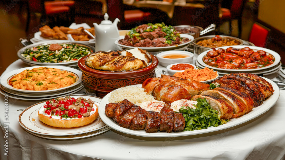 A Taste of Kuwait A Lavish Display of Traditional Kuwaiti and Arabic Cuisine Showcasing a Rich Variety of Dishes in an Opulent Dining Setting Celebrating Culinary Heritage and Flavors A Taste of Kuwait A Lavish Display of Traditional Kuwaiti and Arabic Cuisine Showcasing a Rich Variety of Dishes in an Opulent Dining Setting Celebrating Culinary Heritage and Flavors