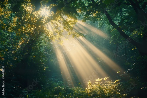 A dense forest with rays of sunlight breaking through the canopy, creating a magical atmosphere