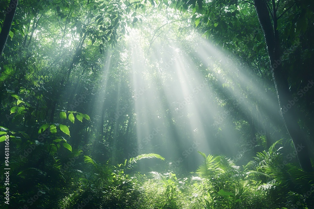 A dense forest with rays of sunlight breaking through the canopy, creating a magical atmosphere A dense forest with rays of sunlight breaking through the canopy, creating a magical atmosphere