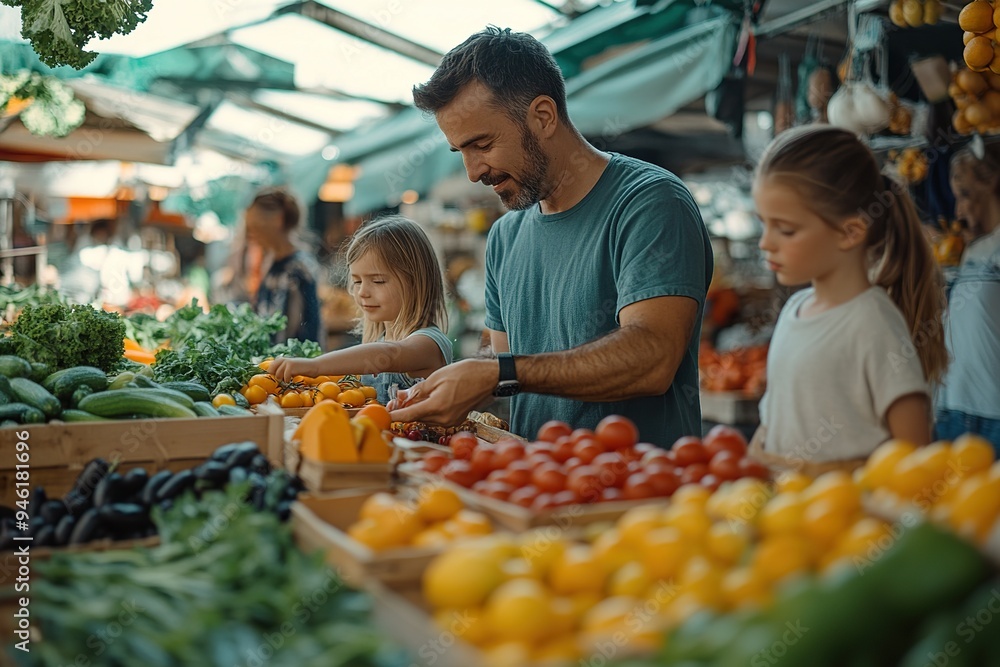 A family exploring a farmer market, sampling fresh fruits and vegetables, and enjoying the lively atmosphere A family exploring a farmer market, sampling fresh fruits and vegetables, and enjoying the lively atmosphere