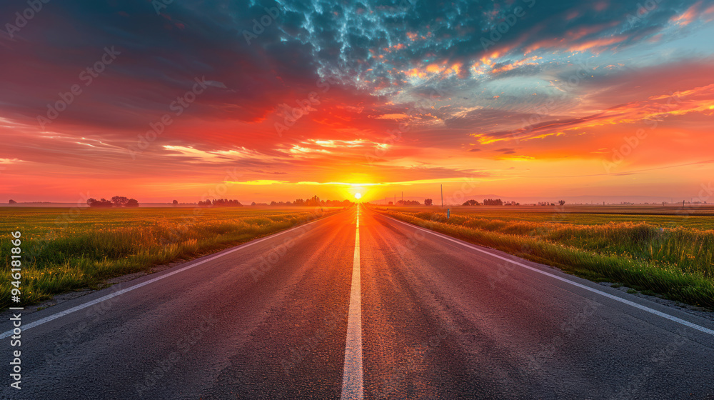 A long, empty road at dawn, leading towards a distant horizon with the sun rising ahead, the sky ablaze with vibrant oranges and reds, and the road glowing in the morning light A long, empty road at dawn, leading towards a distant horizon with the sun rising ahead, the sky ablaze with vibrant oranges and reds, and the road glowing in the morning light