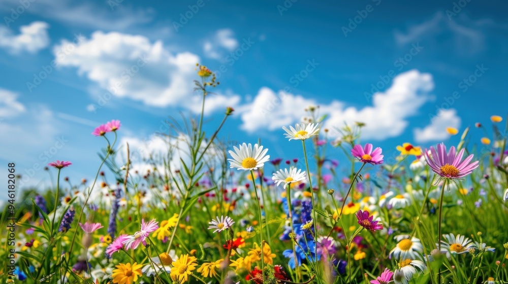 Vibrant wildflower meadow under a bright blue sky. Vibrant wildflower meadow under a bright blue sky.