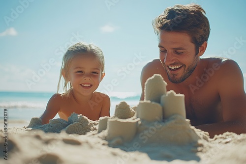 A family having a fun day at the beach, building sandcastles and playing in the waves