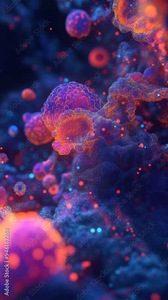 Microscopic view of colorful cells mutating and reproducing Microscopic view of colorful cells mutating and reproducing
