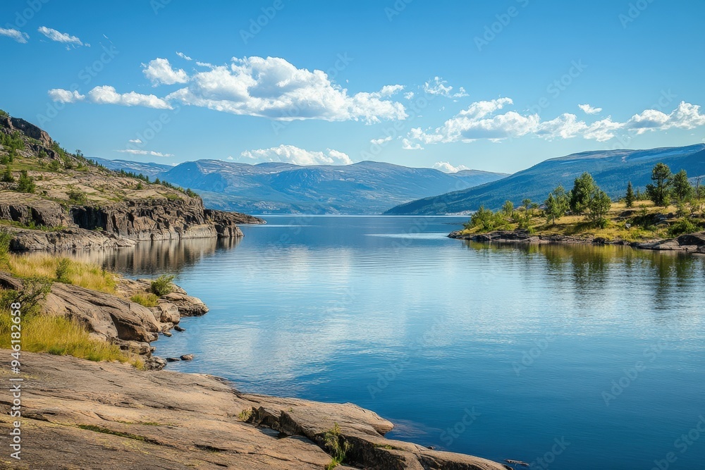 A view of the lake from the south-east, with the mountains of the Dovrefjell range in the background. A view of the lake from the south-east, with the mountains of the Dovrefjell range in the background.