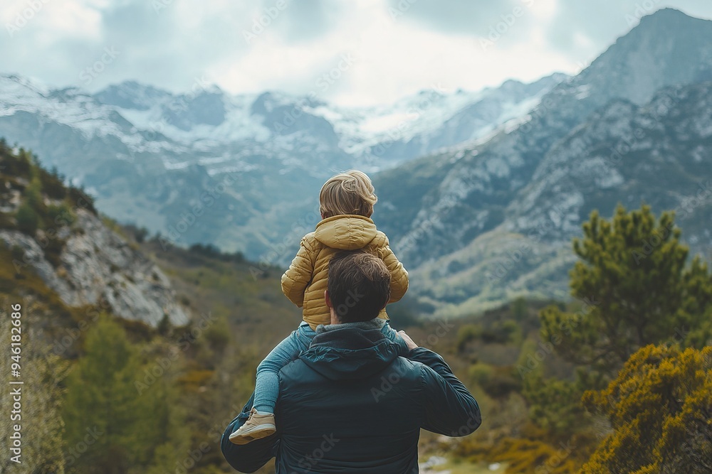 A father lifting his child onto his shoulders during a family hike in the mountains, with a scenic view behind them A father lifting his child onto his shoulders during a family hike in the mountains, with a scenic view behind them