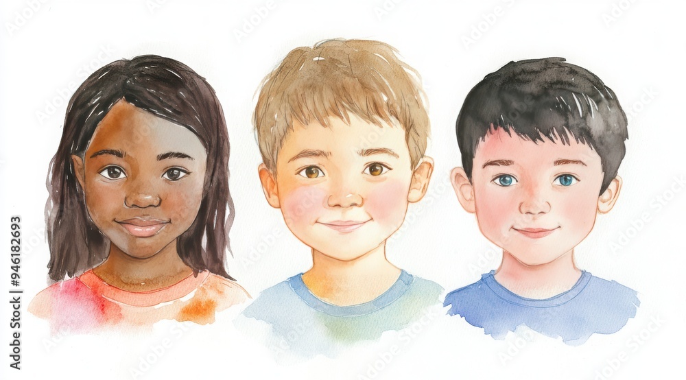 Watercolor portrait of three diverse children standing side by side ...