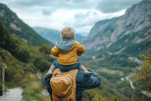 A father lifting his child onto his shoulders during a family hike in the mountains, with a scenic view behind them