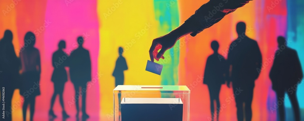 Hand putting voting ballot in vote box with voters in background Hand putting voting ballot in vote box with voters in background