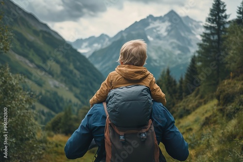 A father lifting his child onto his shoulders during a family hike in the mountains, with a scenic view behind them