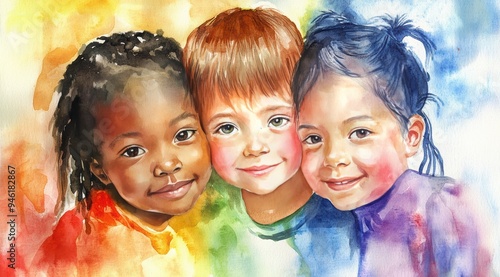 This vibrant watercolor illustration features three smiling children portrait from different racial backgrounds. The beauty of multicultural unity