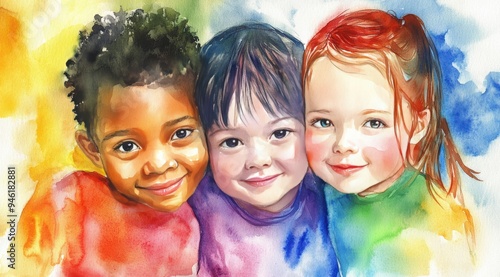 This vibrant watercolor illustration features three smiling children portrait from different racial backgrounds. The beauty of multicultural unity