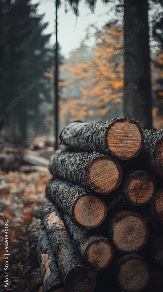 Pile of logs in autumnal forest setting waiting to be transported Pile of logs in autumnal forest setting waiting to be transported