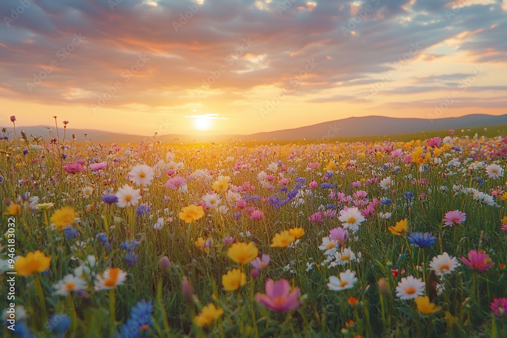 A field of wildflowers in various colors, stretching as far as the eye can see under a golden sunset A field of wildflowers in various colors, stretching as far as the eye can see under a golden sunset