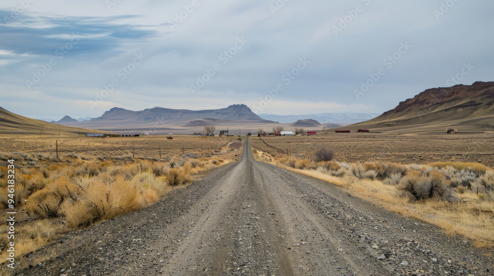 A gravel road crossing a desolate, arid landscape, with the small, remote village visible on the horizon, surrounded by nothing but dry plains and distant mountains A gravel road crossing a desolate, arid landscape, with the small, remote village visible on the horizon, surrounded by nothing but dry plains and distant mountains