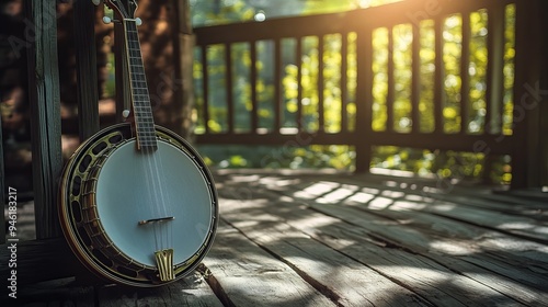 Rustic banjo mandolin against vertical wooden panels with open space