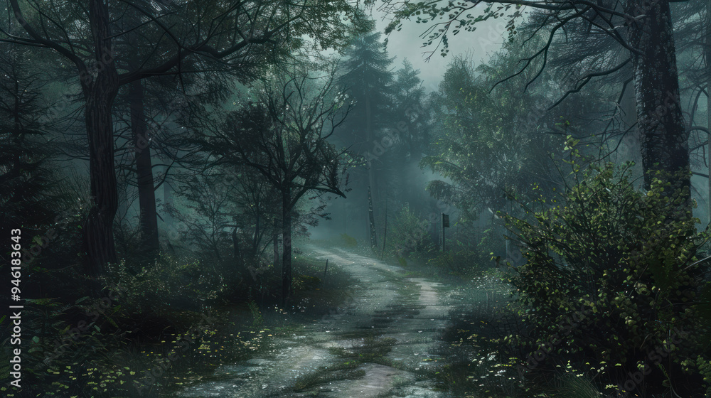 Obraz premium A forgotten road disappearing into a dense forest, with the remains of an old, abandoned village barely visible through the trees, shrouded in mist and mystery