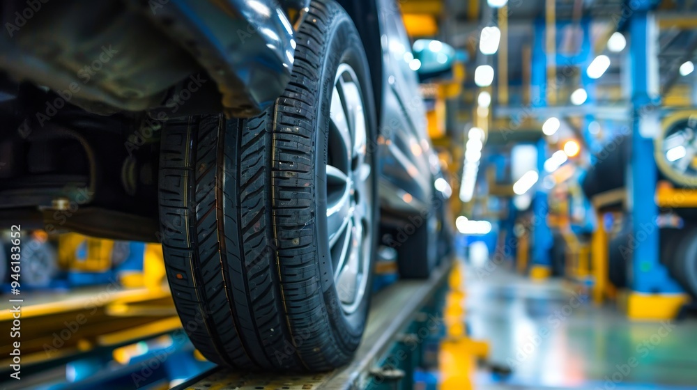 close-up of a car wheel on a conveyor belt