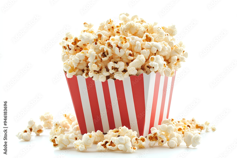 Striped box with popcorn, white background Striped box with popcorn, white background