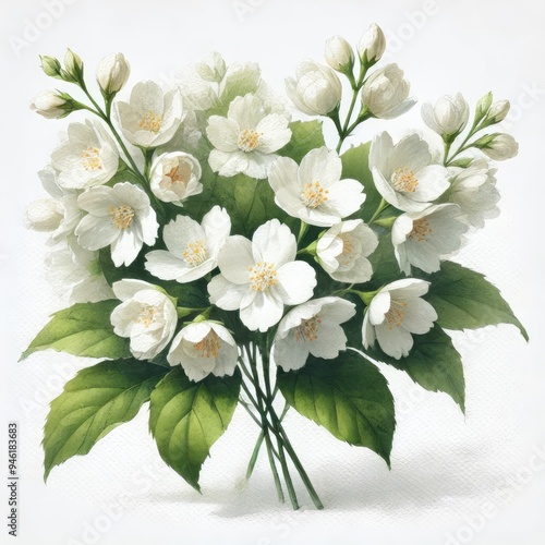 Watercolor Jasmine Bouquet with Delicate White Blooms for Decorative Art