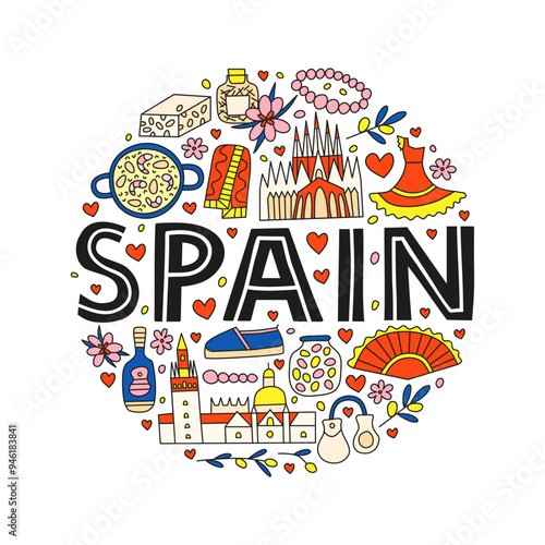 Spanish national landmarks and attractions in doodle style composed in circle shape. Welcome poster. Spanish tourism concept.