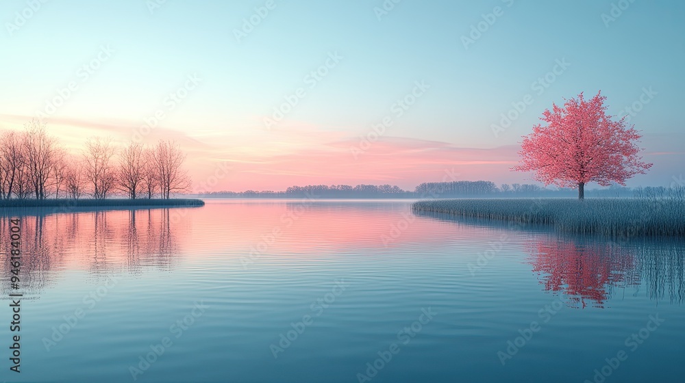 Fototapeta premium Pastel-colored sky at dawn over calm waters