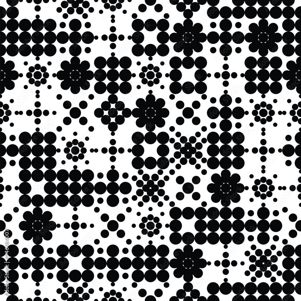 Abstract monochrome background. Geometric shapes made of dots and circles. Black and white geometric seamless pattern creating a mesmerizing visual effect. Wrapping paper or textile print fabric Abstract monochrome background. Geometric shapes made of dots and circles. Black and white geometric seamless pattern creating a mesmerizing visual effect. Wrapping paper or textile print fabric