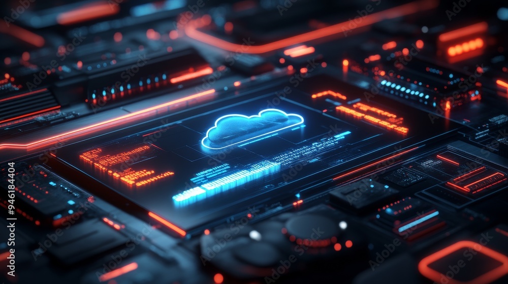 Cloud computing technology symbol appearing over motherboard with moving data Cloud computing technology symbol appearing over motherboard with moving data