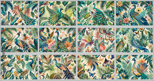 Vector Set of Live Peak Majest Feathers Tropical Leaves Exotic Flora Arts
