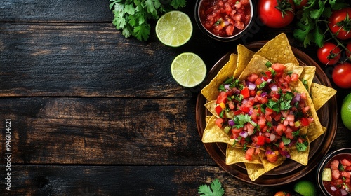 A plate of nachos topped with fresh salsa on a rustic wooden background.