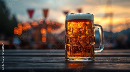 Cold beer resting on a table at oktoberfest with amusement park ride in background photo