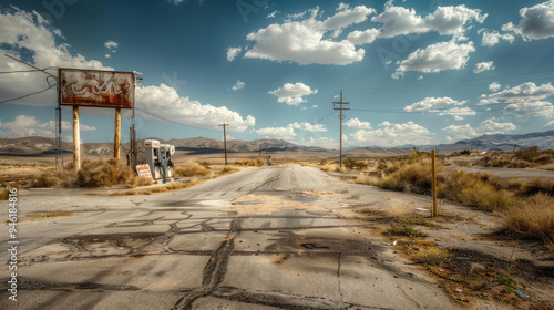 A dusty, deserted road leading to an abandoned gas station, with faded signs, broken pumps, and an empty, desolate landscape stretching beyond