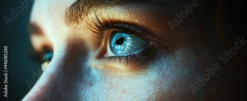 Close-up of a Blue Eye with Long Eyelashes photo