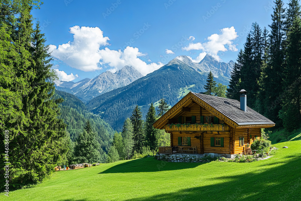 Idyllic alpine wooden mountain hut scenery in Austrian alps, forest trees and green meadows, sunny day, blue sky
Idyllic alpine wooden mountain hut scenery in Austrian alps, forest trees and green meadows, sunny day, blue sky