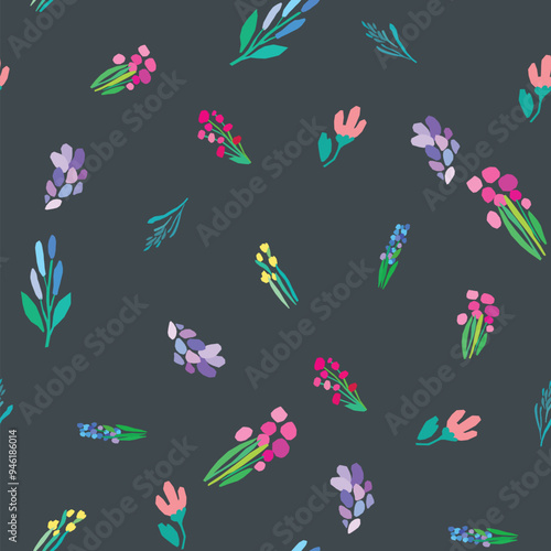 Seamless pattern of colorful flowers and leaves on a dark background. Floral textile print design. Vector wildflowers