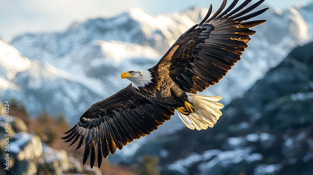 A majestic bald eagle glides effortlessly over snowy mountain peaks. A majestic bald eagle glides effortlessly over snowy mountain peaks.