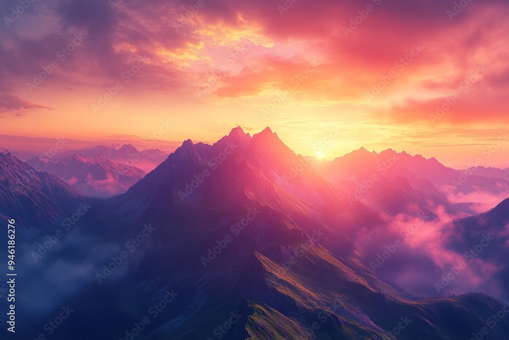 Fototapeta premium A majestic mountain range at sunrise, with mist rolling over the peaks and vibrant colors in the sky