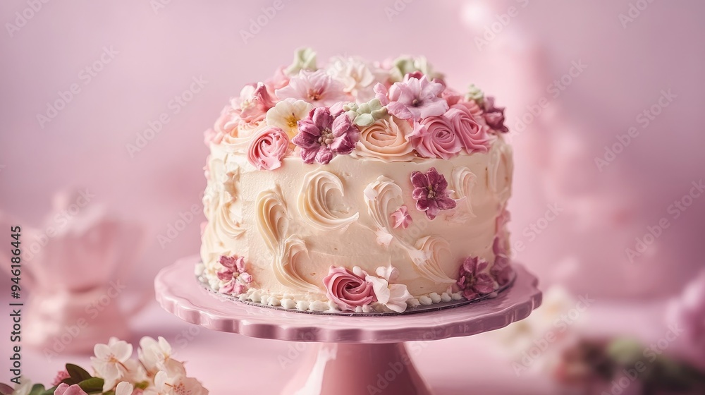 A beautifully iced cake with intricate piping and edible flowers, set against a soft pastel background A beautifully iced cake with intricate piping and edible flowers, set against a soft pastel background