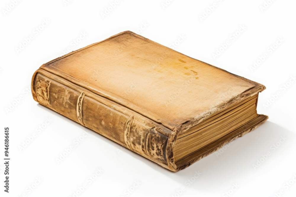 Antique Leather Bound Book: A weathered, aged book with a worn leather cover and yellowed pages, isolated on a white background. The texture of the book's surface, the faded ink, and the subtle signs Antique Leather Bound Book: A weathered, aged book with a worn leather cover and yellowed pages, isolated on a white background. The texture of the book's surface, the faded ink, and the subtle signs