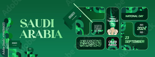 Saudi Arabia National Independence Day wide banner. Modern geometric abstract background in colorful style for Saudi Arabian holiday. Saudi Arabia National Day greeting card design with country flag.