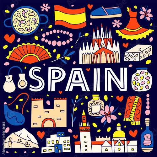 Spanish national landmarks and attractions in doodle style isolated on dark background. Welcome poster. Spanish tourism concept.