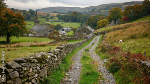 A narrow, cobblestone road lined with old stone walls, winding through rolling hills towards a remote village with ancient cottages and a small church steeple visible in the distance photo