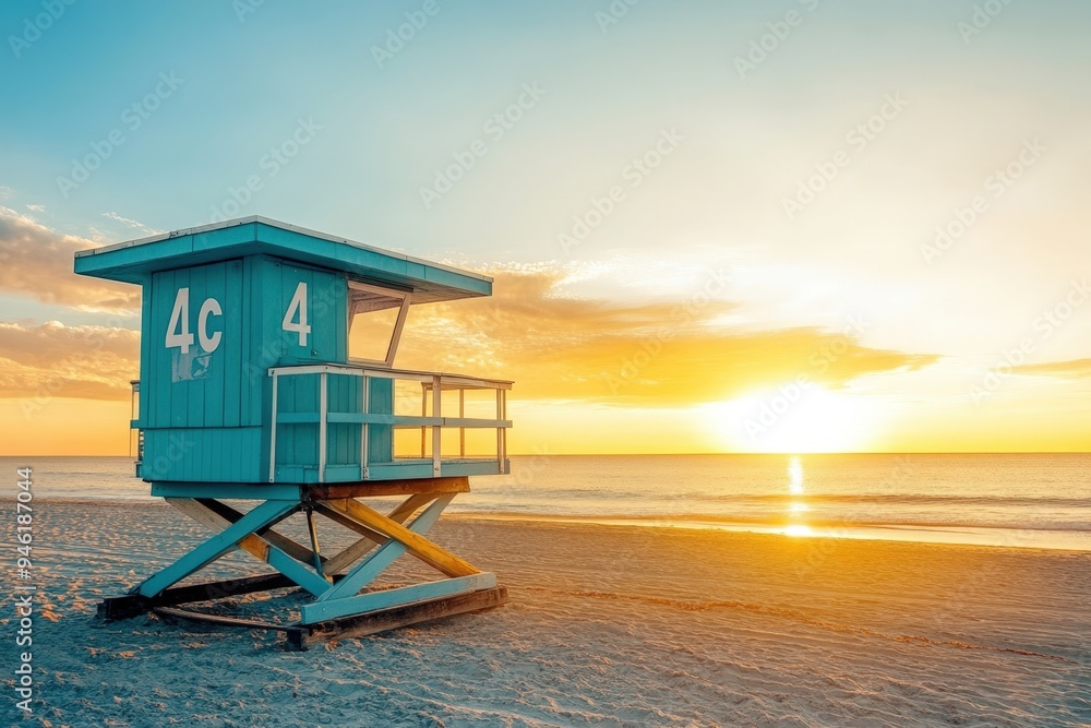 A beach with a blue lifeguard stand numbered 4. A beach with a blue lifeguard stand numbered 4.