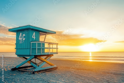 A beach with a blue lifeguard stand numbered 4.