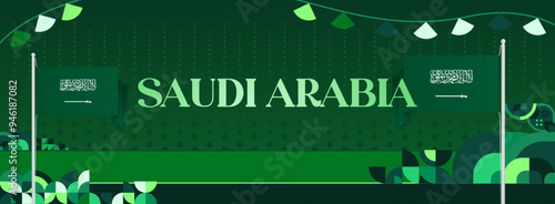 Saudi Arabia National Independence Day wide banner. Modern geometric abstract background in colorful style for Saudi Arabian holiday. Saudi Arabia National Day greeting card design with country flag.