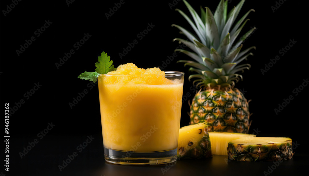 Tropical Pineapple Smoothie: A refreshing glass of pineapple smoothie with a sprig of mint, a whole pineapple, and slices of pineapple. The smoothie is a vibrant yellow color and the pineapple is a b Tropical Pineapple Smoothie: A refreshing glass of pineapple smoothie with a sprig of mint, a whole pineapple, and slices of pineapple. The smoothie is a vibrant yellow color and the pineapple is a b