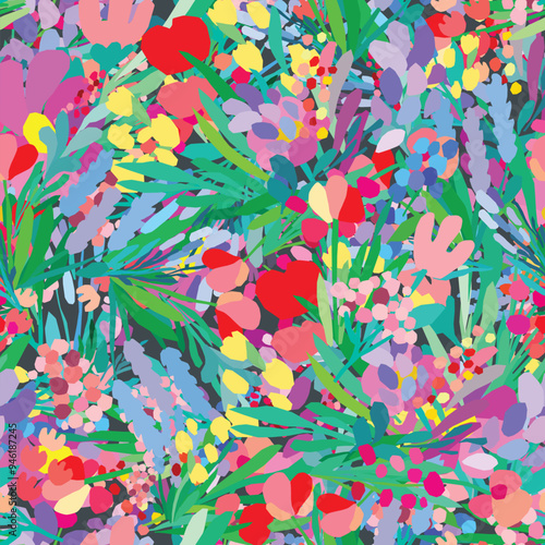 Seamless pattern of colorful flowers and leaves on a white background. Floral textile print design. Vector wildflowers